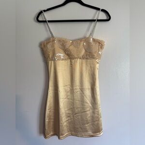 Elegant Yellow Sequin Dress with Pearl Removable Straps